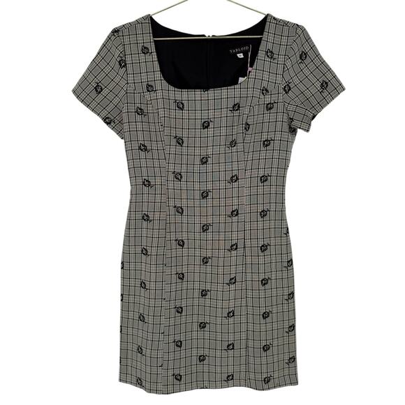 Vintage 1990s Tabloid Plaid Office Siren Square Neck Embroidered Mini Dress Sz 6 - Picture 9 of 10